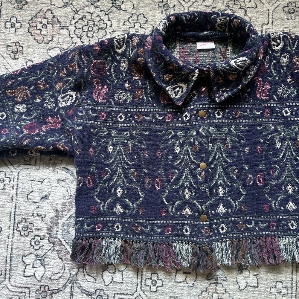 Handmade Upcycled Floral Blanket Jacket with Fringe - Picture 3 of 6